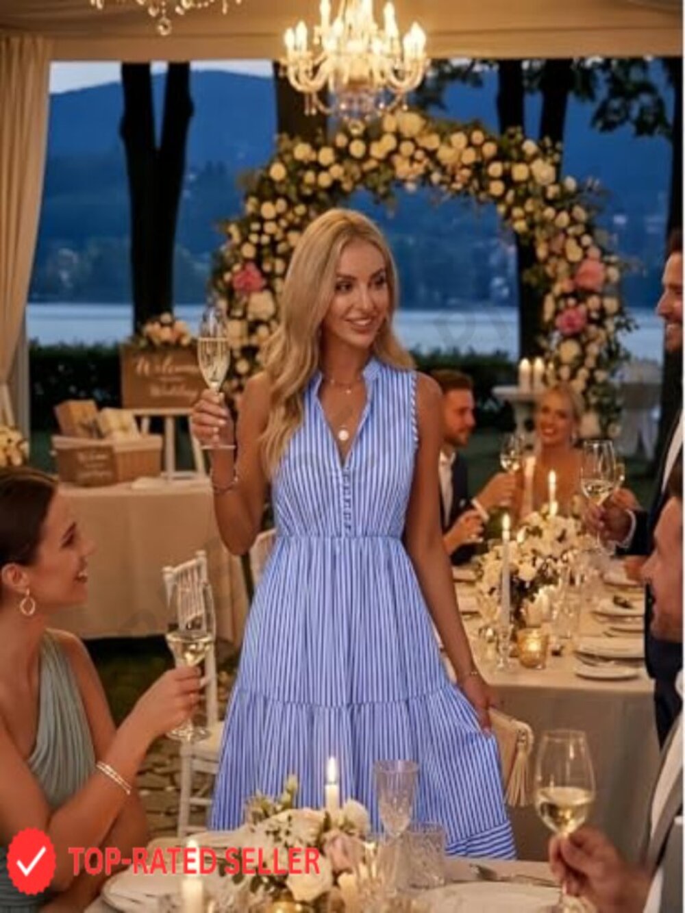 Striped V-Neck Sleeveless Midi Dress A-Line High Waist Summer Wedding Guest - Picture 3 of 7